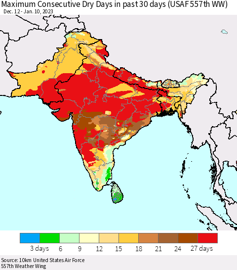 Southern Asia Maximum Consecutive Dry Days in past 30 days (USAF 557th WW) 01/10/2023 Thematic Map For 1/6/2023 - 1/10/2023