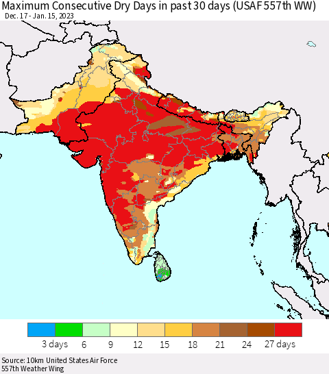 Southern Asia Maximum Consecutive Dry Days in past 30 days (USAF 557th WW) 01/15/2023 Thematic Map For 1/11/2023 - 1/15/2023