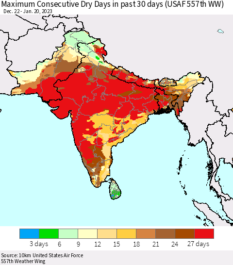 Southern Asia Maximum Consecutive Dry Days in past 30 days (USAF 557th WW) 01/20/2023 Thematic Map For 1/16/2023 - 1/20/2023