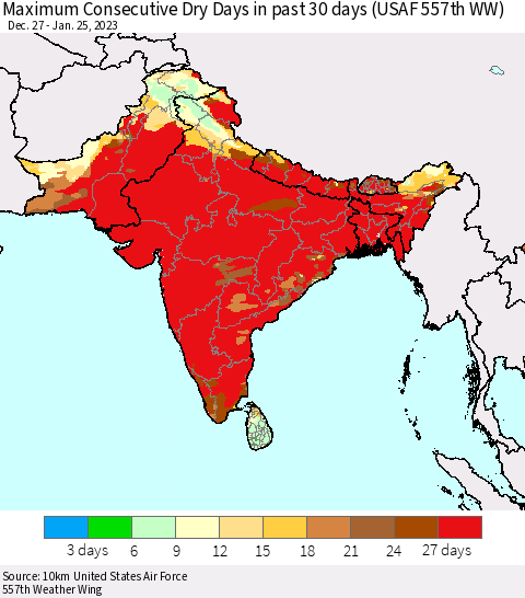 Southern Asia Maximum Consecutive Dry Days in past 30 days (USAF 557th WW) 01/25/2023 Thematic Map For 1/21/2023 - 1/25/2023