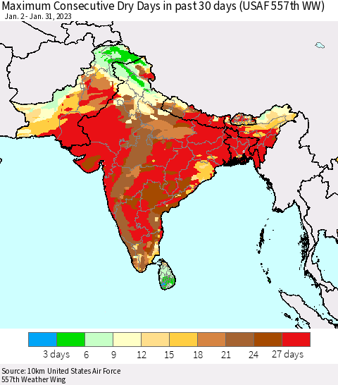 Southern Asia Maximum Consecutive Dry Days in past 30 days (USAF 557th WW) 01/31/2023 Thematic Map For 1/26/2023 - 1/31/2023
