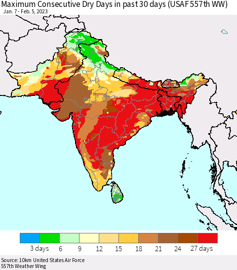 Southern Asia Maximum Consecutive Dry Days in past 30 days (USAF 557th WW) 02/05/2023 Thematic Map For 2/1/2023 - 2/5/2023