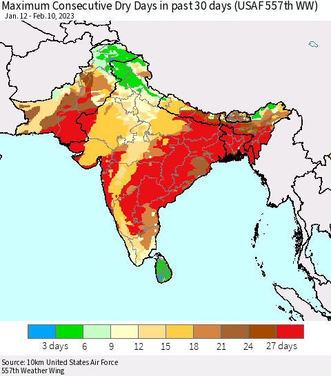 Southern Asia Maximum Consecutive Dry Days in past 30 days (USAF 557th WW) 02/10/2023 Thematic Map For 2/6/2023 - 2/10/2023