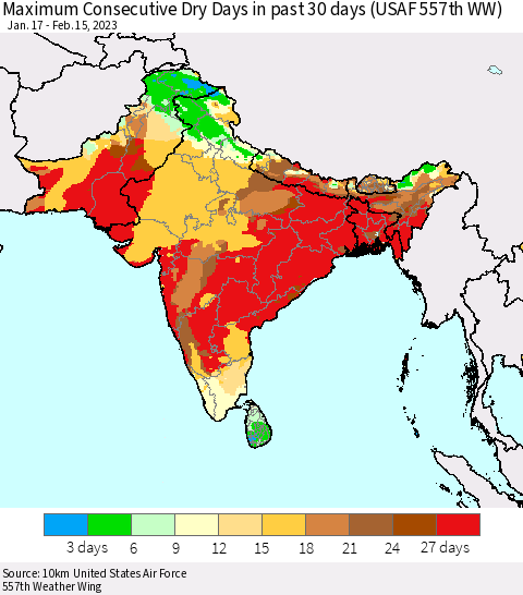 Southern Asia Maximum Consecutive Dry Days in past 30 days (USAF 557th WW) 02/15/2023 Thematic Map For 2/11/2023 - 2/15/2023
