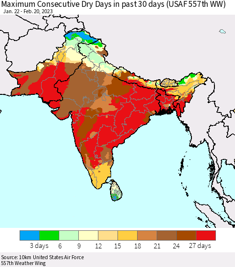 Southern Asia Maximum Consecutive Dry Days in past 30 days (USAF 557th WW) 02/20/2023 Thematic Map For 2/16/2023 - 2/20/2023