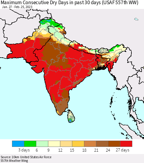 Southern Asia Maximum Consecutive Dry Days in past 30 days (USAF 557th WW) 02/25/2023 Thematic Map For 2/21/2023 - 2/25/2023
