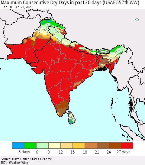 Southern Asia Maximum Consecutive Dry Days in past 30 days (USAF 557th WW) 02/28/2023 Thematic Map For 2/26/2023 - 2/28/2023