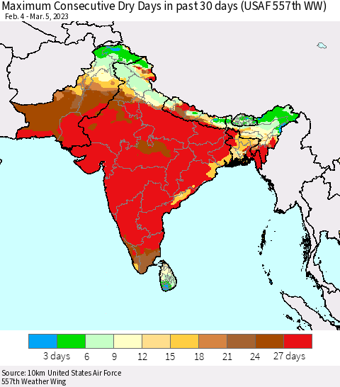 Southern Asia Maximum Consecutive Dry Days in past 30 days (USAF 557th WW) 03/05/2023 Thematic Map For 3/1/2023 - 3/5/2023