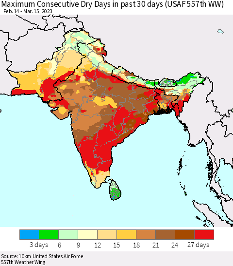 Southern Asia Maximum Consecutive Dry Days in past 30 days (USAF 557th WW) 03/15/2023 Thematic Map For 3/11/2023 - 3/15/2023