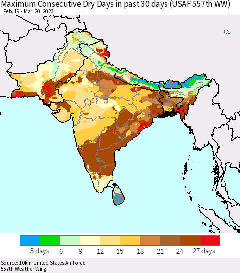 Southern Asia Maximum Consecutive Dry Days in past 30 days (USAF 557th WW) 03/20/2023 Thematic Map For 3/16/2023 - 3/20/2023