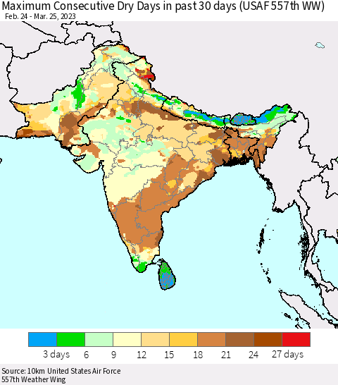 Southern Asia Maximum Consecutive Dry Days in past 30 days (USAF 557th WW) 03/25/2023 Thematic Map For 3/21/2023 - 3/25/2023