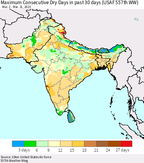 Southern Asia Maximum Consecutive Dry Days in past 30 days (USAF 557th WW) 03/31/2023 Thematic Map For 3/26/2023 - 3/31/2023
