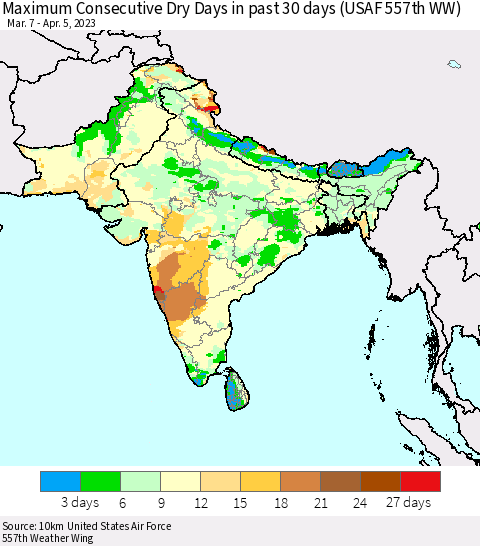 Southern Asia Maximum Consecutive Dry Days in past 30 days (USAF 557th WW) 04/05/2023 Thematic Map For 4/1/2023 - 4/5/2023