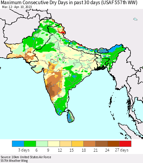 Southern Asia Maximum Consecutive Dry Days in past 30 days (USAF 557th WW) 04/10/2023 Thematic Map For 4/6/2023 - 4/10/2023