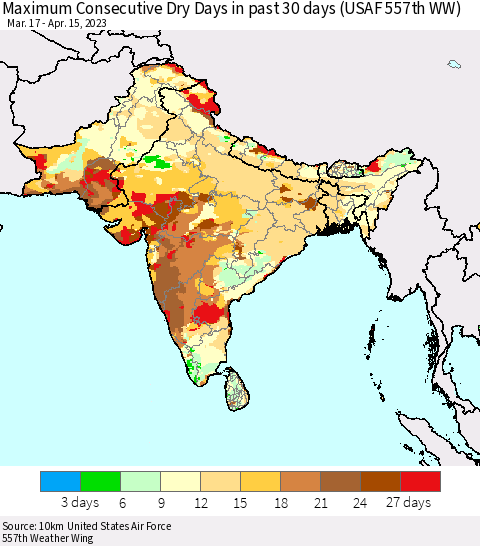 Southern Asia Maximum Consecutive Dry Days in past 30 days (USAF 557th WW) 04/15/2023 Thematic Map For 4/11/2023 - 4/15/2023