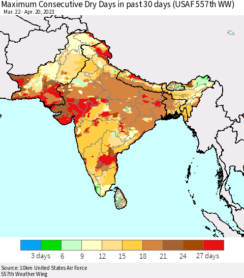 Southern Asia Maximum Consecutive Dry Days in past 30 days (USAF 557th WW) 04/20/2023 Thematic Map For 4/16/2023 - 4/20/2023