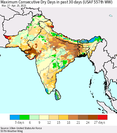 Southern Asia Maximum Consecutive Dry Days in past 30 days (USAF 557th WW) 04/25/2023 Thematic Map For 4/21/2023 - 4/25/2023