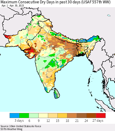 Southern Asia Maximum Consecutive Dry Days in past 30 days (USAF 557th WW) 04/30/2023 Thematic Map For 4/26/2023 - 4/30/2023