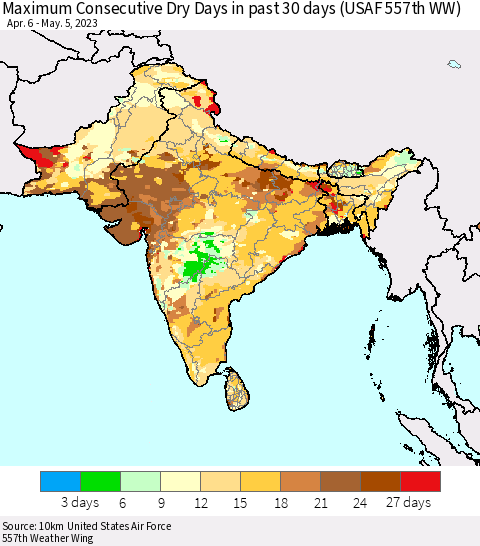 Southern Asia Maximum Consecutive Dry Days in past 30 days (USAF 557th WW) 05/05/2023 Thematic Map For 5/1/2023 - 5/5/2023