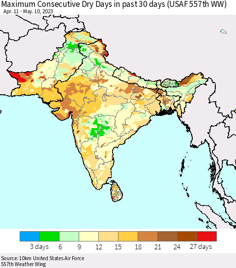 Southern Asia Maximum Consecutive Dry Days in past 30 days (USAF 557th WW) 05/10/2023 Thematic Map For 5/6/2023 - 5/10/2023