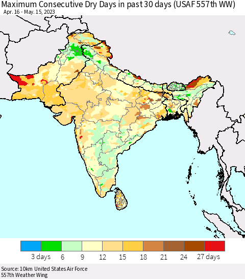 Southern Asia Maximum Consecutive Dry Days in past 30 days (USAF 557th WW) 05/15/2023 Thematic Map For 5/11/2023 - 5/15/2023