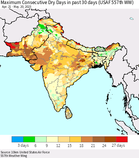 Southern Asia Maximum Consecutive Dry Days in past 30 days (USAF 557th WW) 05/20/2023 Thematic Map For 5/16/2023 - 5/20/2023