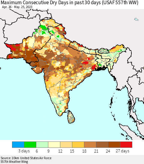 Southern Asia Maximum Consecutive Dry Days in past 30 days (USAF 557th WW) 05/25/2023 Thematic Map For 5/21/2023 - 5/25/2023