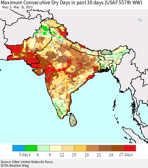 Southern Asia Maximum Consecutive Dry Days in past 30 days (USAF 557th WW) 05/31/2023 Thematic Map For 5/26/2023 - 5/31/2023