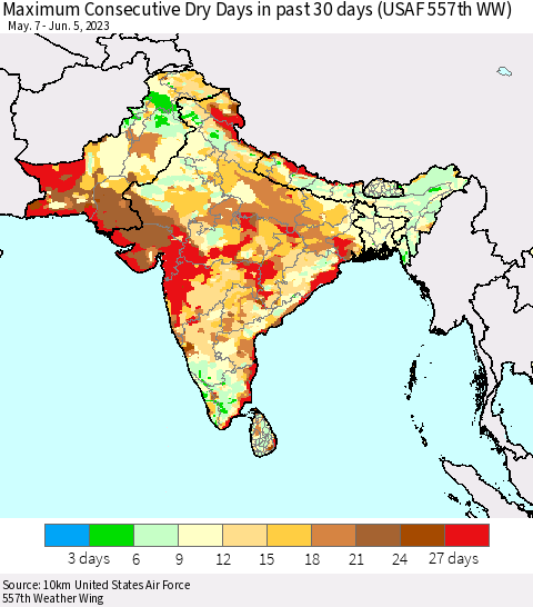 Southern Asia Maximum Consecutive Dry Days in past 30 days (USAF 557th WW) 06/05/2023 Thematic Map For 6/1/2023 - 6/5/2023