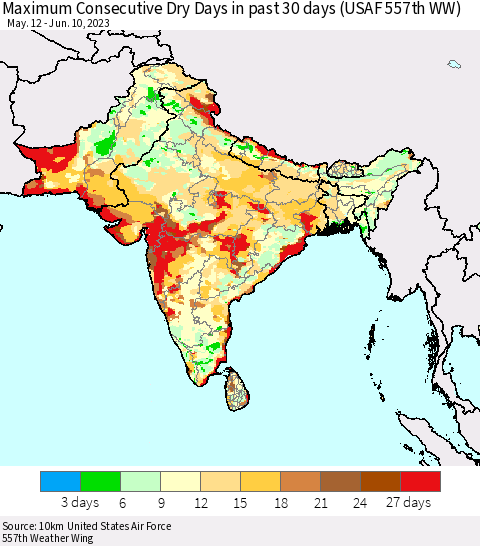 Southern Asia Maximum Consecutive Dry Days in past 30 days (USAF 557th WW) 06/10/2023 Thematic Map For 6/6/2023 - 6/10/2023
