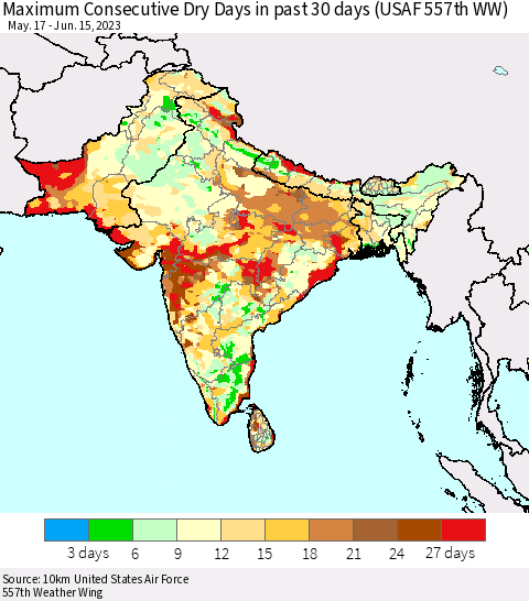 Southern Asia Maximum Consecutive Dry Days in past 30 days (USAF 557th WW) 06/15/2023 Thematic Map For 6/11/2023 - 6/15/2023