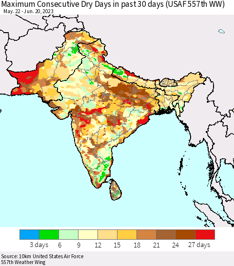 Southern Asia Maximum Consecutive Dry Days in past 30 days (USAF 557th WW) 06/20/2023 Thematic Map For 6/16/2023 - 6/20/2023
