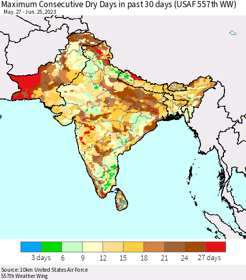 Southern Asia Maximum Consecutive Dry Days in past 30 days (USAF 557th WW) 06/25/2023 Thematic Map For 6/21/2023 - 6/25/2023
