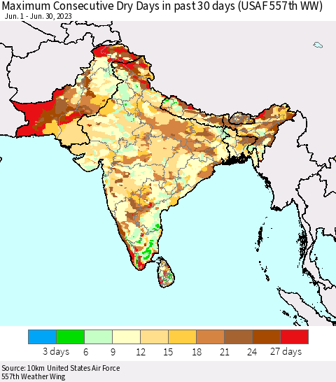 Southern Asia Maximum Consecutive Dry Days in past 30 days (USAF 557th WW) 06/30/2023 Thematic Map For 6/26/2023 - 6/30/2023