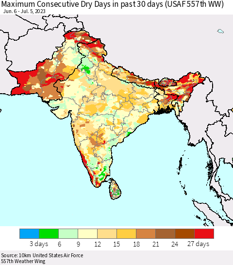 Southern Asia Maximum Consecutive Dry Days in past 30 days (USAF 557th WW) 07/05/2023 Thematic Map For 7/1/2023 - 7/5/2023