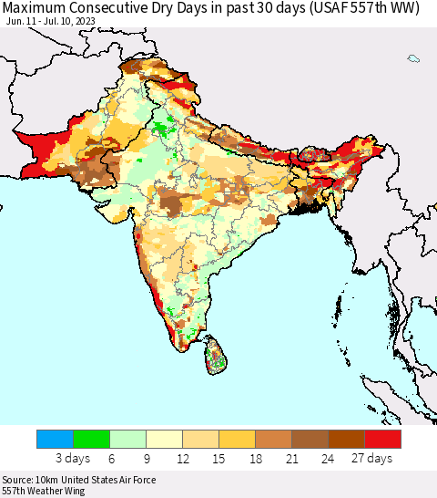 Southern Asia Maximum Consecutive Dry Days in past 30 days (USAF 557th WW) 07/10/2023 Thematic Map For 7/6/2023 - 7/10/2023
