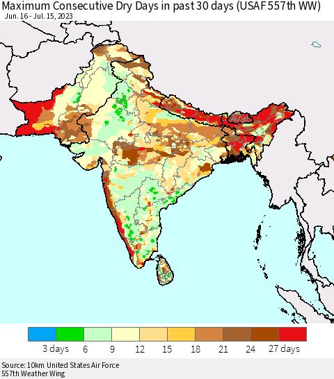 Southern Asia Maximum Consecutive Dry Days in past 30 days (USAF 557th WW) 07/15/2023 Thematic Map For 7/11/2023 - 7/15/2023