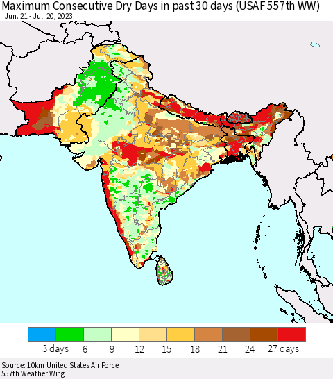 Southern Asia Maximum Consecutive Dry Days in past 30 days (USAF 557th WW) 07/20/2023 Thematic Map For 7/16/2023 - 7/20/2023