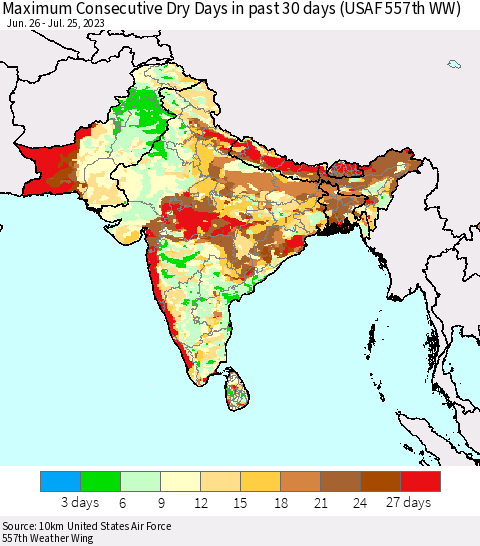 Southern Asia Maximum Consecutive Dry Days in past 30 days (USAF 557th WW) 07/25/2023 Thematic Map For 7/21/2023 - 7/25/2023
