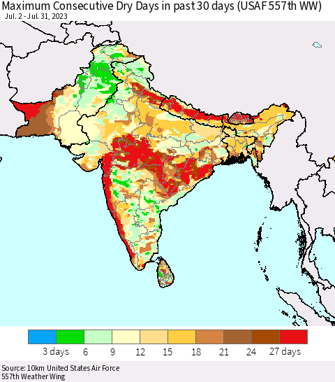 Southern Asia Maximum Consecutive Dry Days in past 30 days (USAF 557th WW) 07/31/2023 Thematic Map For 7/26/2023 - 7/31/2023