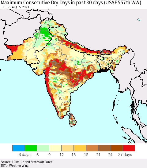 Southern Asia Maximum Consecutive Dry Days in past 30 days (USAF 557th WW) 08/05/2023 Thematic Map For 8/1/2023 - 8/5/2023