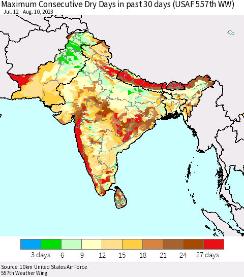 Southern Asia Maximum Consecutive Dry Days in past 30 days (USAF 557th WW) 08/10/2023 Thematic Map For 8/6/2023 - 8/10/2023