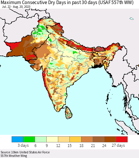 Southern Asia Maximum Consecutive Dry Days in past 30 days (USAF 557th WW) 08/20/2023 Thematic Map For 8/16/2023 - 8/20/2023