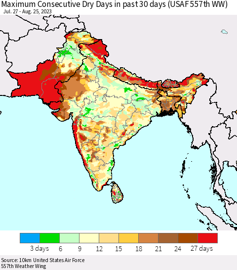 Southern Asia Maximum Consecutive Dry Days in past 30 days (USAF 557th WW) 08/25/2023 Thematic Map For 8/21/2023 - 8/25/2023