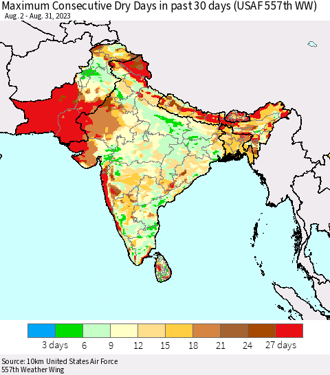 Southern Asia Maximum Consecutive Dry Days in past 30 days (USAF 557th WW) 08/31/2023 Thematic Map For 8/26/2023 - 8/31/2023