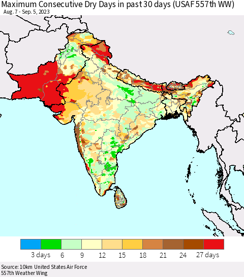 Southern Asia Maximum Consecutive Dry Days in past 30 days (USAF 557th WW) 09/05/2023 Thematic Map For 9/1/2023 - 9/5/2023