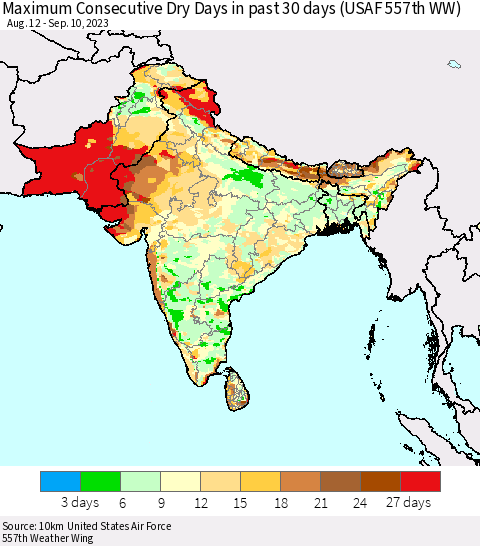 Southern Asia Maximum Consecutive Dry Days in past 30 days (USAF 557th WW) 09/10/2023 Thematic Map For 9/6/2023 - 9/10/2023