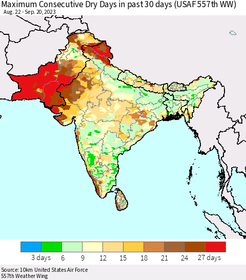 Southern Asia Maximum Consecutive Dry Days in past 30 days (USAF 557th WW) 09/20/2023 Thematic Map For 9/16/2023 - 9/20/2023
