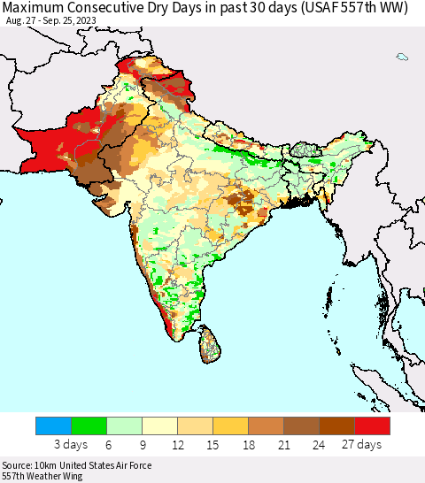 Southern Asia Maximum Consecutive Dry Days in past 30 days (USAF 557th WW) 09/25/2023 Thematic Map For 9/21/2023 - 9/25/2023