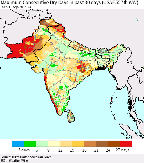 Southern Asia Maximum Consecutive Dry Days in past 30 days (USAF 557th WW) 09/30/2023 Thematic Map For 9/26/2023 - 9/30/2023